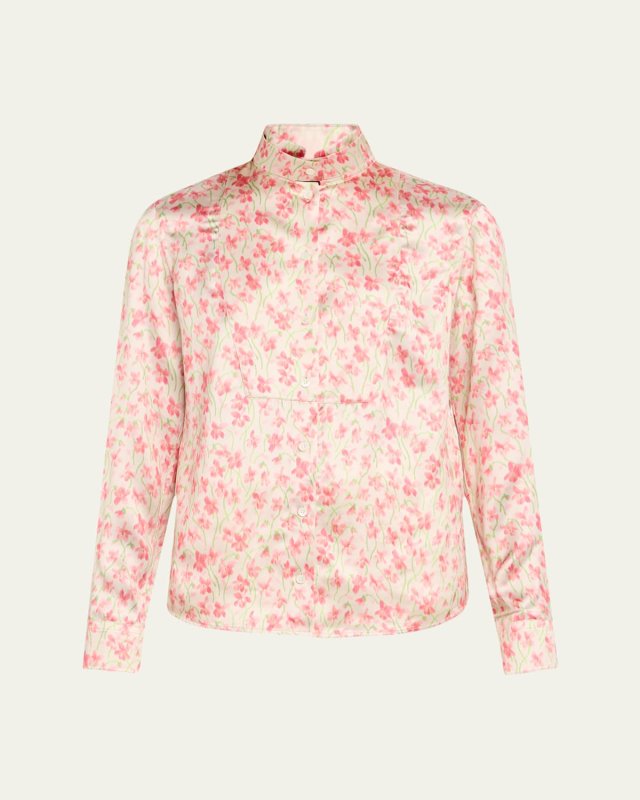Floral Print Satin Button-Down Overshirt